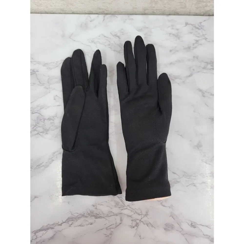Vintage Nylon Classic Black Dress Driving Formal Gloves Satin Inset & Embroidery